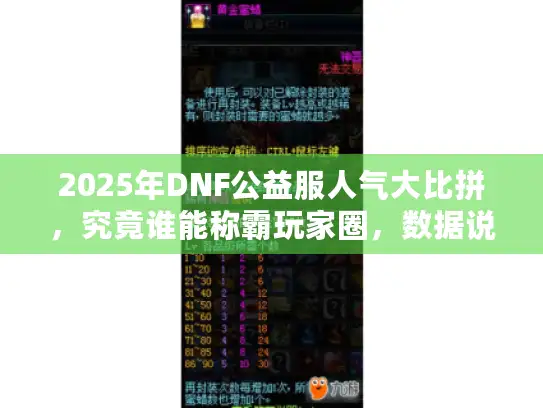 2025年DNF公益服人气大比拼，究竟谁能称霸玩家圈，数据说话！