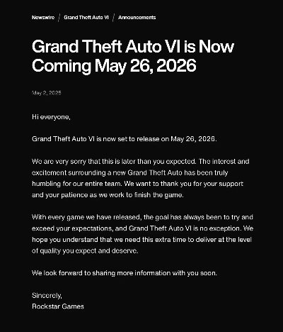 知名爆料人亲证《GTA6》跳票真相，2027年新篇章即将开启